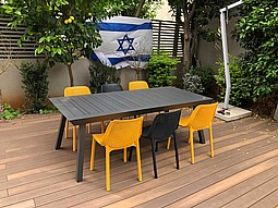 שולחן אלומיניום נפתח לגינה אלכסון 100x216/297 כולל 6 כיסאות פלסטיק מעוצבים שולחן אלומיניום נפתח לגינה אלכסון 100x216/297 כולל 6 כיסאות פלסטיק מעוצבים